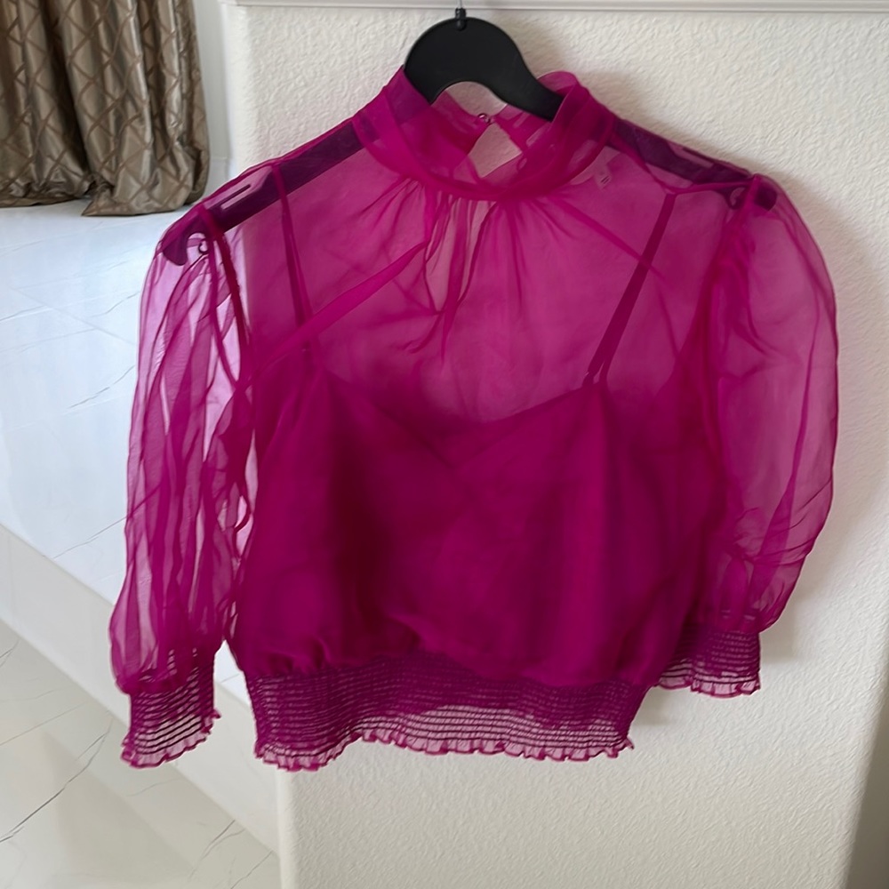Cinq À Sept Cleo Puff Sleeve Silk Crop Top